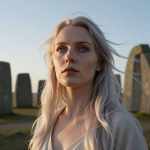 Photograph of a pale-skinned, blonde woman with blue eyes, wind-swept hair, wearing a white top, standing in a sunlit