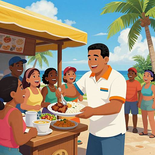 Digital illustration of a cheerful beach scene with a male server in a white shirt serving food to diverse, smiling customers under a yellow umbrella beside a tropical paradise