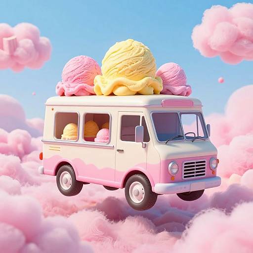 Whimsical digital illustration of a pink and white ice cream van filled with colorful, swirling ice cream balls, floating among fluffy pink clouds against a bright
