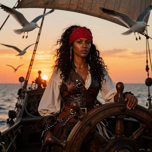 Photograph of a Black woman with curly hair, red bandana, pirate outfit, holding ship wheel, sunset, seagulls, ocean background.