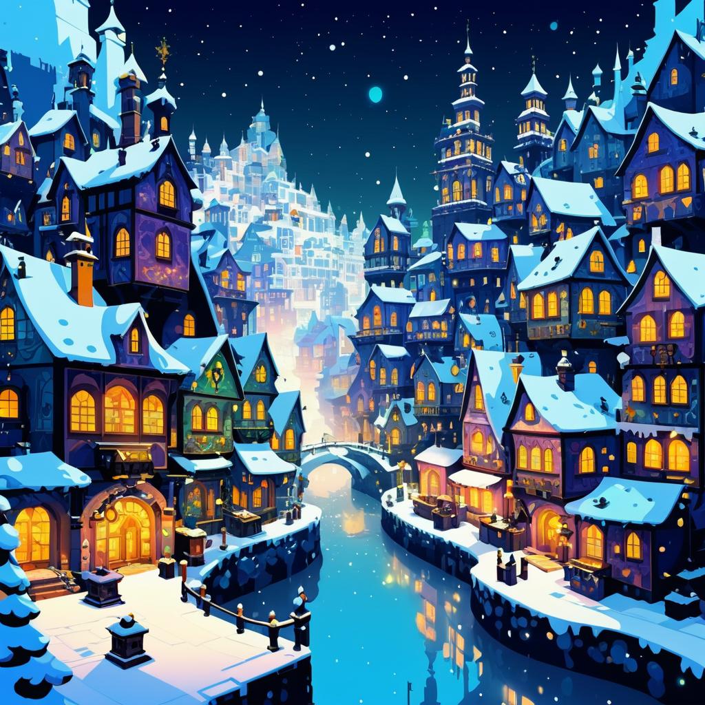 Enchanted Snowy Port Town in Pixel Art