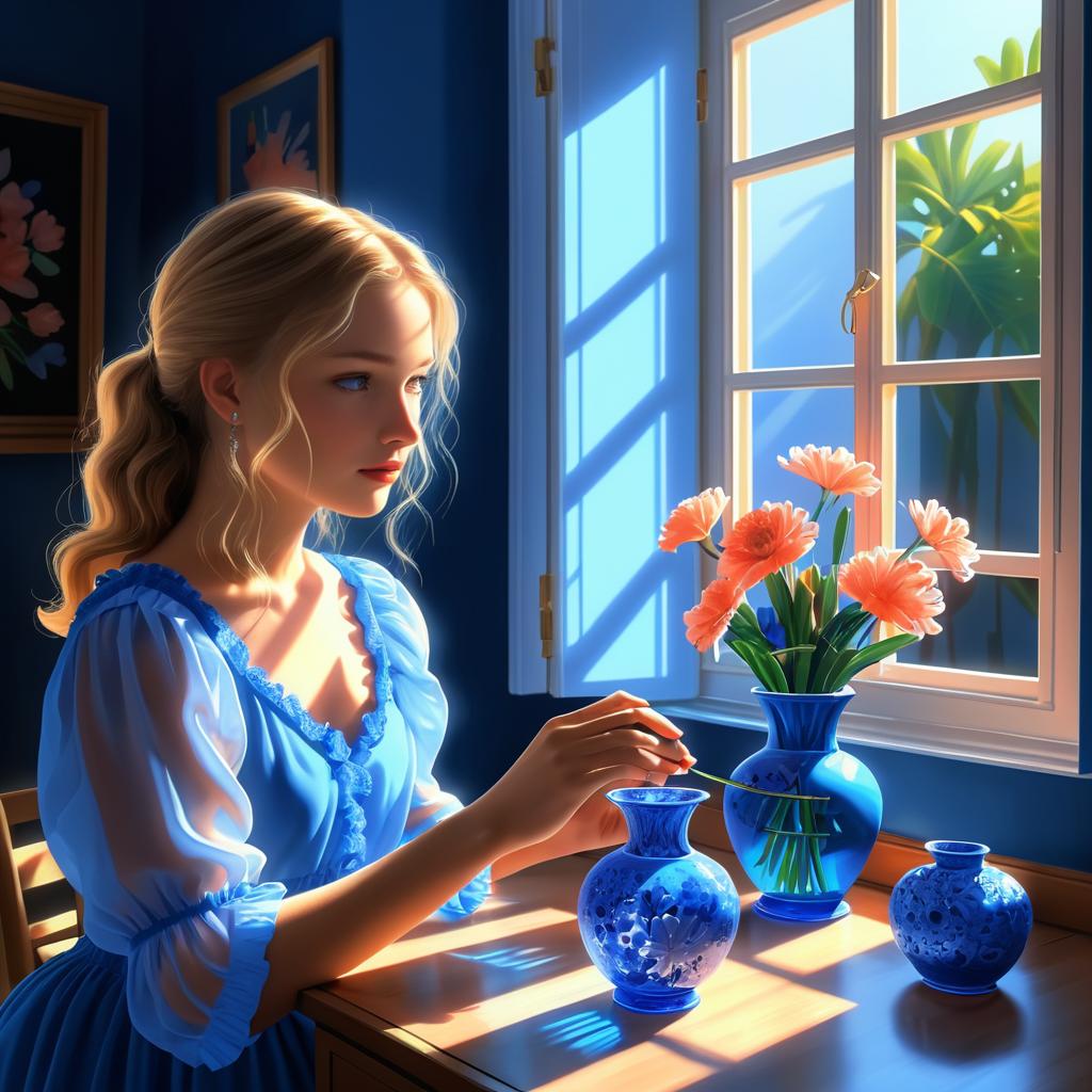 Sunlit Room with Girl and Flowers