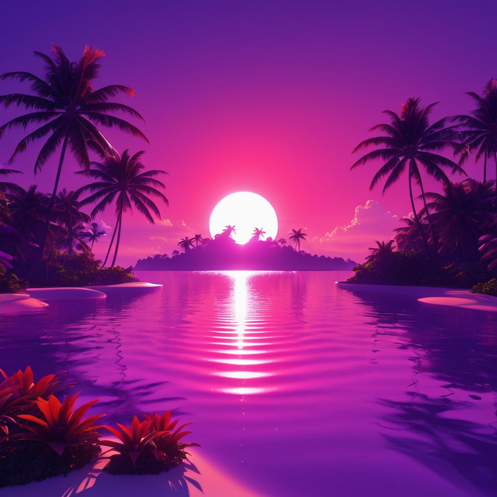 Utopian Island with Red Sun and Purple Sky