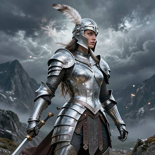 Digital artwork of a fierce female knight in silver armor with white feathered helmet, holding a sword, standing amid stormy mountains.