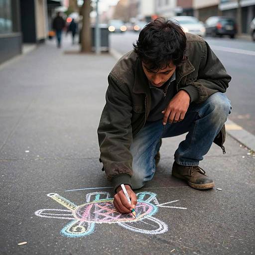 Homeless Man Drawing on Sidewalk