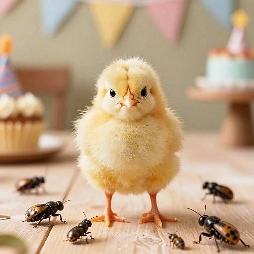 Photograph of a fluffy yellow chick standing on a wooden table with several black and yellow ladybugs around it, blurred birthday decorations in the background.