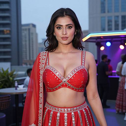 Photograph of a confident South Asian woman with medium skin and black hair, wearing a red, embellished crop top and matching skirt, standing outdoors at