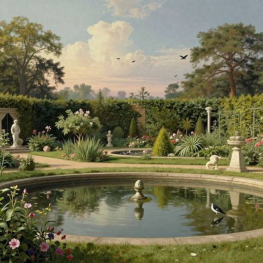 Classic Garden with Reflective Pond and Birds