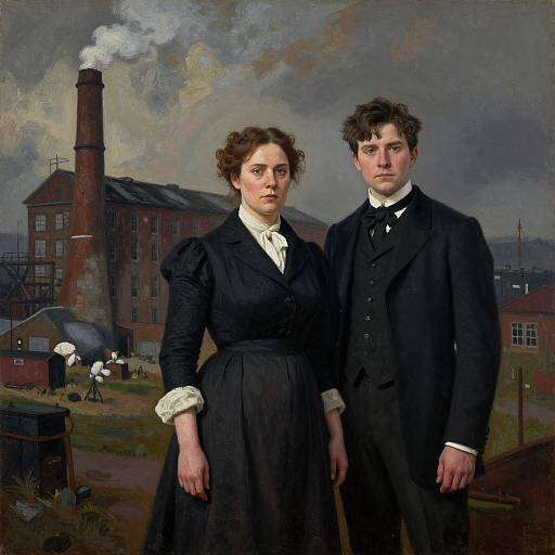 Photorealistic painting of a 19th-century couple standing in an industrial landscape with a smoking factory in the background. Both wear black Victorian attire,