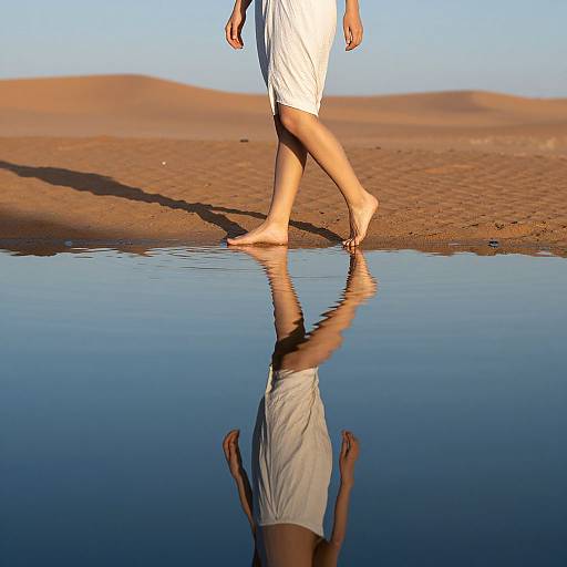 Photograph of a person in a white towel walking barefoot on sandy desert, with their reflection visible in a calm puddle.
