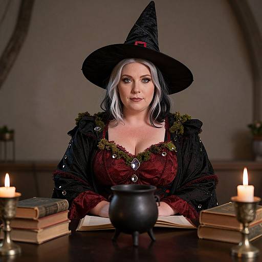 Photorealistic digital image of a pale-skinned witch with silver hair, wearing a black hat and red corset, surrounded by candles, books,