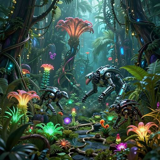 Digital artwork of a vibrant, bioluminescent jungle with glowing plants, featuring two metallic, robotic creatures amidst lush foliage and alien flora.