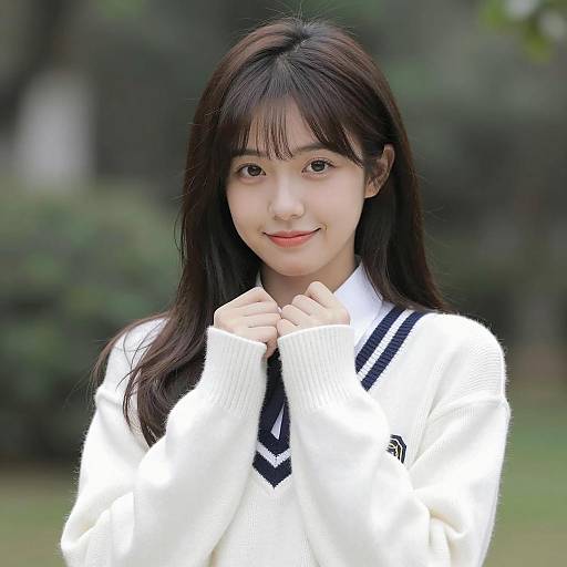 Asian woman in white knitted sweater with school uniform