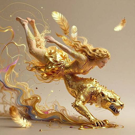 Digital art of a golden-haired woman in a shimmering, feather-adorned golden dress, leaping beside a golden, lion-like creature, surrounded
