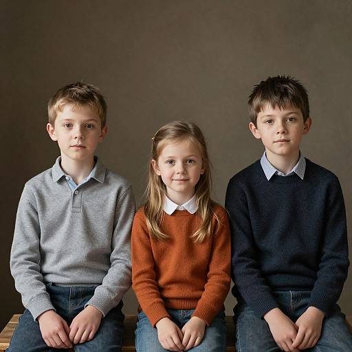 Photograph of three children, two boys and one girl, sitting against a dark background, wearing casual sweaters and collared shirts.