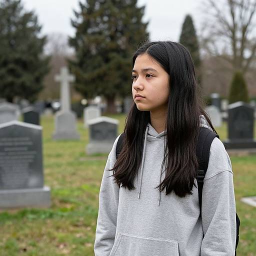 Photograph of a young Asian girl with long black hair, wearing a gray hoodie, standing in a cemetery with blurred gravestones and trees in the