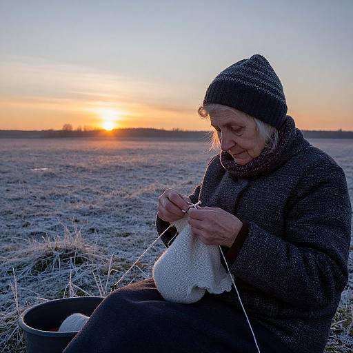 Photograph of an elderly woman knitting in a frosty field at sunrise, wearing a dark beanie and coat, with a basket of yarn beside her