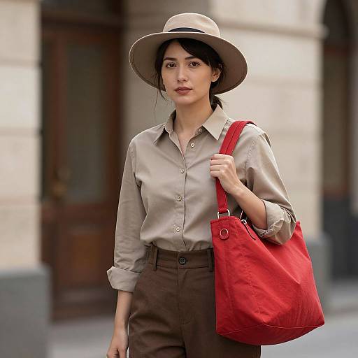 Photograph of a young woman with light skin, wearing a beige hat, beige shirt, brown pants, and a large red bag, walking on a