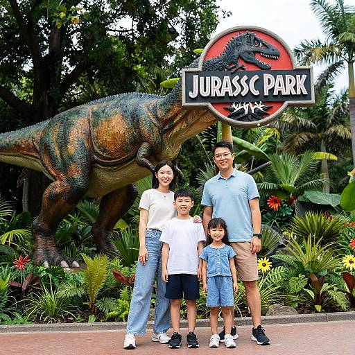 Photograph of an Asian family of four standing in front of a Jurassic Park sign with a large dinosaur statue and lush greenery.