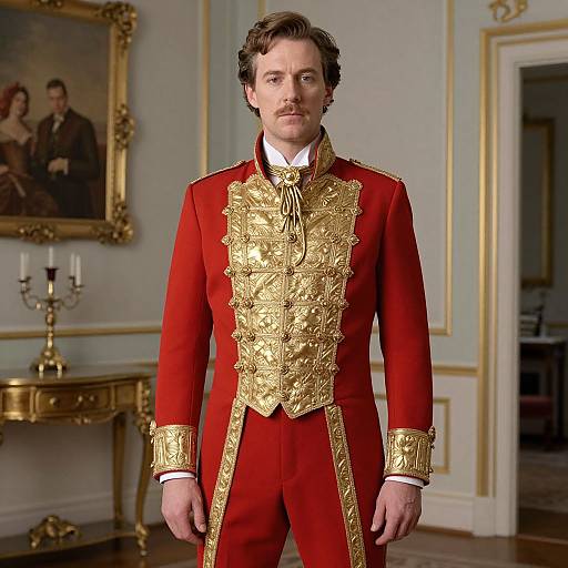 Photograph of a handsome man with brown hair and mustache, wearing an ornate red military uniform with gold embroidery, standing in an elegant, gold