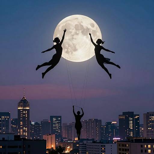 Silhouetted photograph of two women flying with ropes against a full moon, over a city skyline with illuminated buildings.