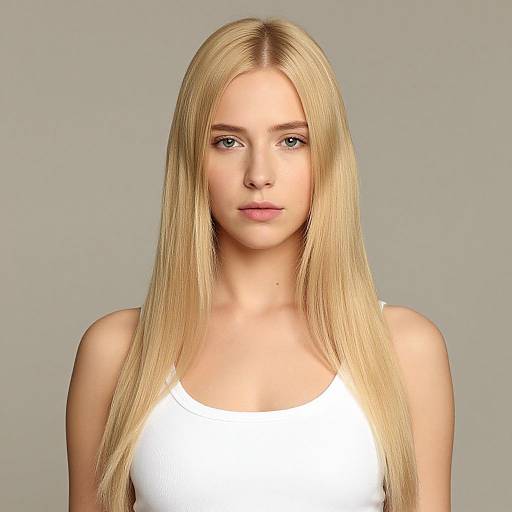 Photograph of a blonde woman with long, straight hair, wearing a white tank top, against a plain gray background.
