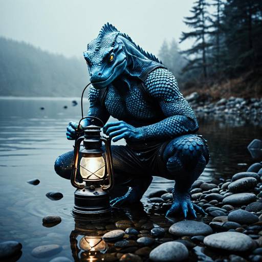 Blue Lake Creature Holding Lantern by Misty Shore
