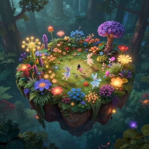 Enchanted floating garden in a mystical forest, illuminated by colorful glowing flowers and fairy-like creatures, surrounded by lush greenery.
