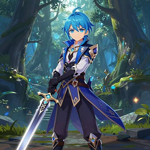 Digital anime artwork of a blue-haired, blue-eyed young male warrior in a forest, holding a glowing sword, wearing ornate blue and black armor.
