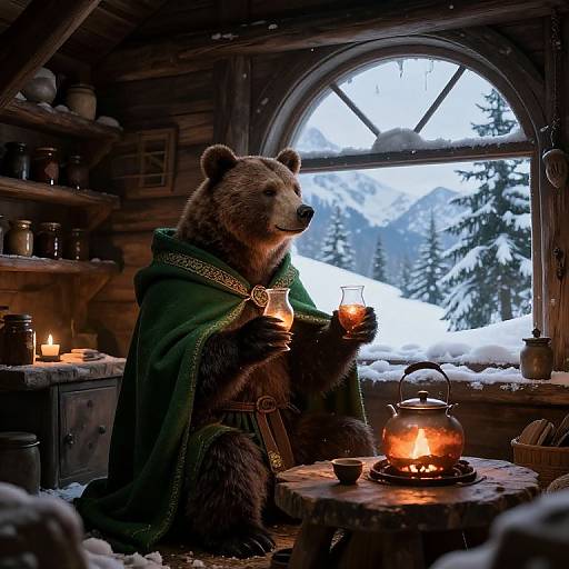 Cinematic Bear Druid in Snowy Cabin