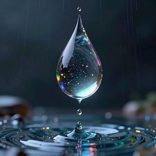 Photograph of a single water droplet suspended mid-fall, reflecting colorful lights, with ripples in the dark blue water below.