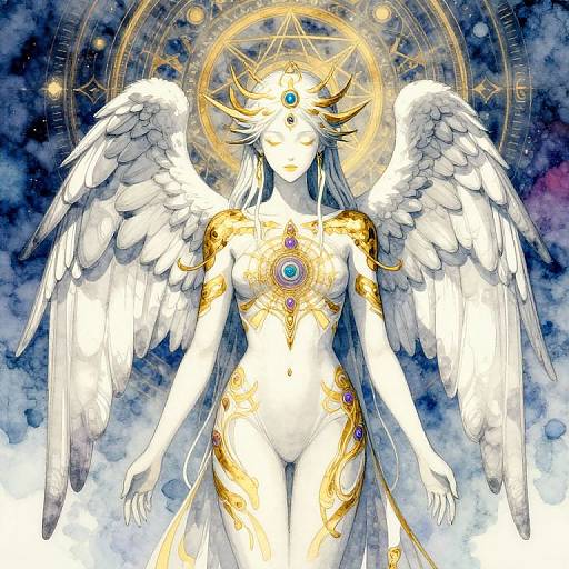 Digital art of a white-winged, angelic female figure with golden ornate tattoos, blue gem eyes, and a radiant halo, set against a