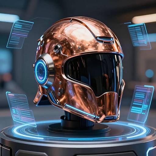 Photorealistic CGI of a futuristic, copper-colored, high-tech helmet with glowing blue holographic interfaces and holographic displays surrounding it.