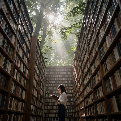 Photograph of a woman with dark hair, white blouse, and black skirt, standing in a sunlit library aisle, surrounded by tall bookshelves