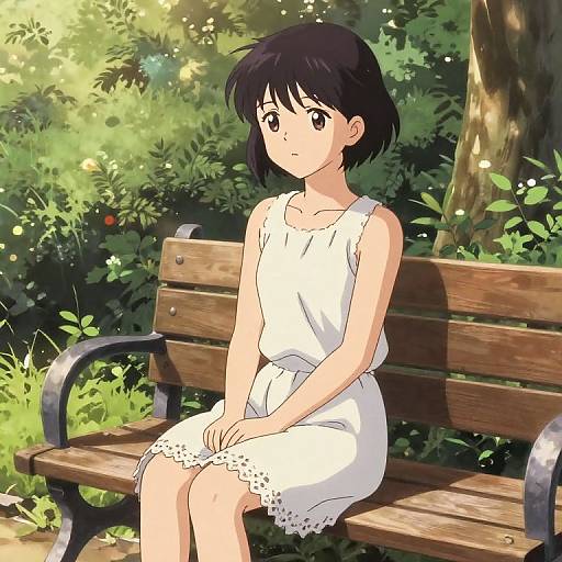Anime-style drawing of a young girl with short black hair, wearing a white sleeveless dress, sitting on a wooden bench in a sunlit, leaf