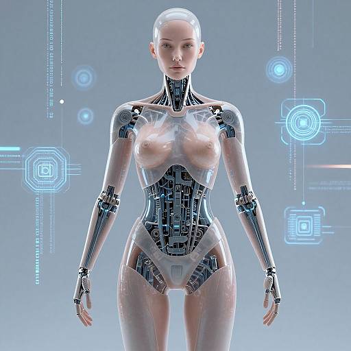 Photorealistic CGI of a sleek, bald, female humanoid robot with transparent skin, exposed breasts, and cybernetic joints, standing against a blue