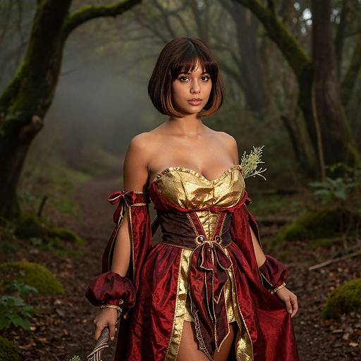 Photograph of an Asian woman with a short bob, wearing a gold and maroon fantasy dress, standing in a misty forest.