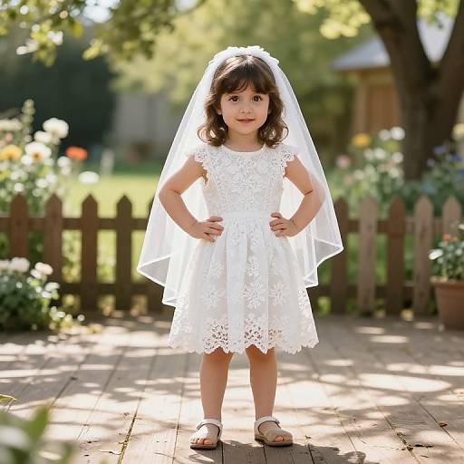 Photograph of a cute young girl in a white lace dress and veil, standing confidently on a sunlit wooden path, surrounded by a garden with a