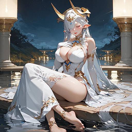 Digital anime-style illustration of a white-haired, horned, elven woman with large breasts, wearing a revealing white gown, sitting on a stone by