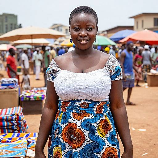 Photograph of a smiling African woman with dark skin, wearing a white lace top and blue floral skirt, standing in a bustling outdoor market with colorful umb