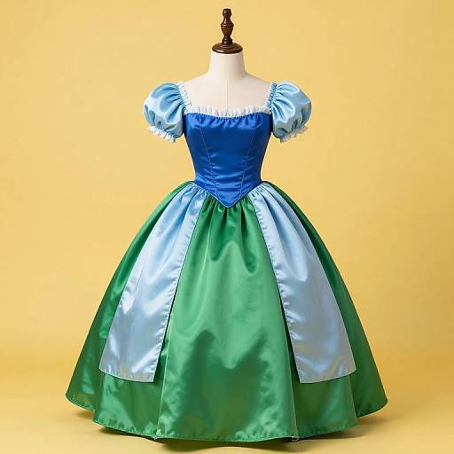 Photograph of a blue and green satin ball gown with puffed white sleeves, displayed on a mannequin against a yellow background.