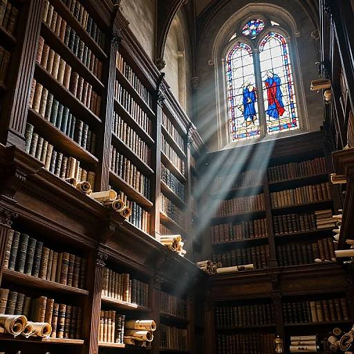 Photograph of a grand, sunlit library with tall, dark wooden bookshelves filled with books, illuminated by a colorful stained glass window. Sun