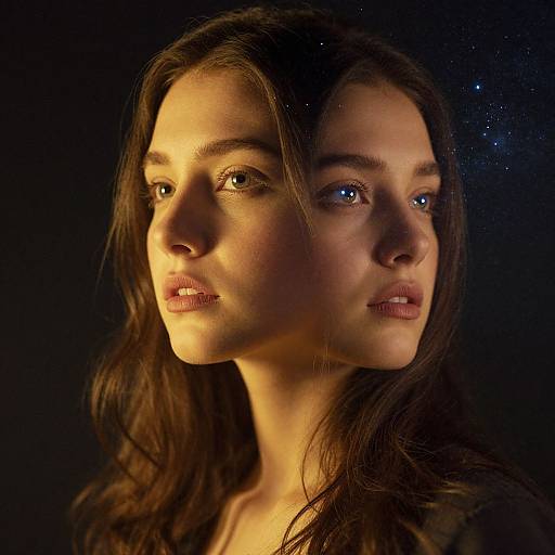 Photograph of a young woman with dual reflections; her face appears twice with different eye colors—one brown, one blue—against a dark, starry