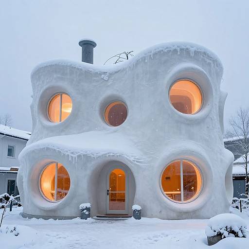 Photograph of a whimsical, snow-covered house with four circular orange-lit windows, a wavy roof, and a central entrance, set in