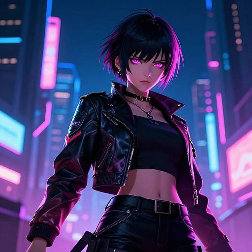 Digital CGI of a fierce, purple-eyed, black-haired woman in a black leather jacket and crop top, standing in a neon-lit, futuristic city