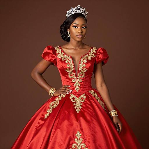 Black Woman in Red Satin Ball Gown with Tiara