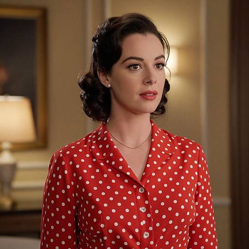 Photograph of a woman with dark wavy hair, wearing a red polka dot blouse, standing indoors with a warm-lit lamp in the background