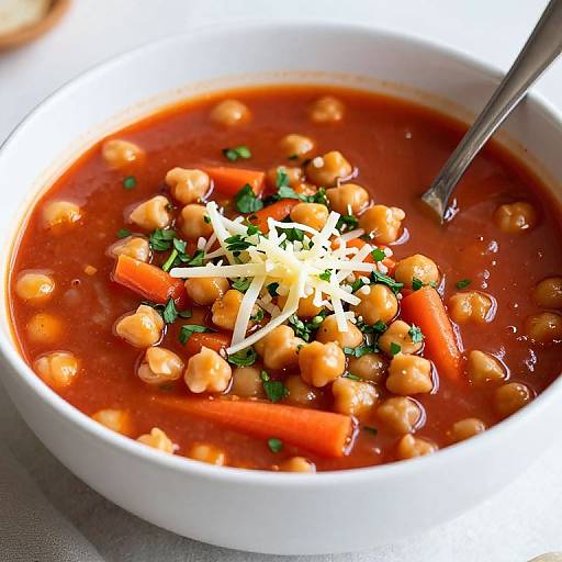 Photograph of a white bowl filled with red tomato soup, chickpeas, orange carrot slices, green herbs, topped with grated cheese, and a