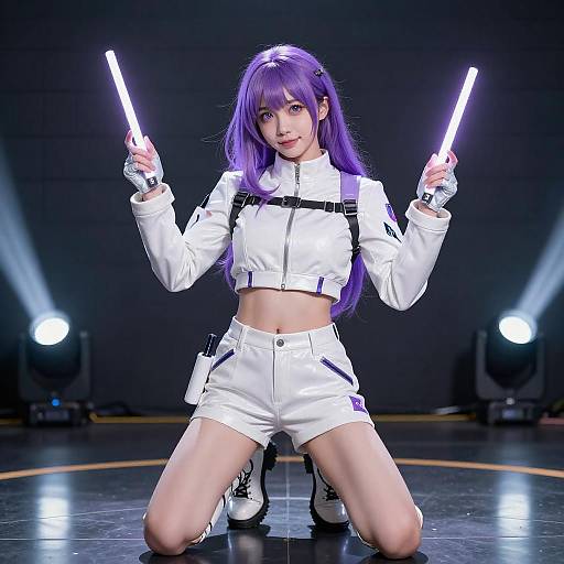 Futuristic Purple-Haired Woman on Stage