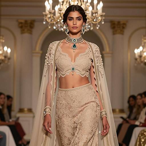 Elegant Indian Woman in Beige Lace Occasion Wear